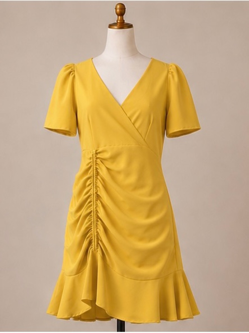 Yellow V-Neck Ruched Ruffle Dress